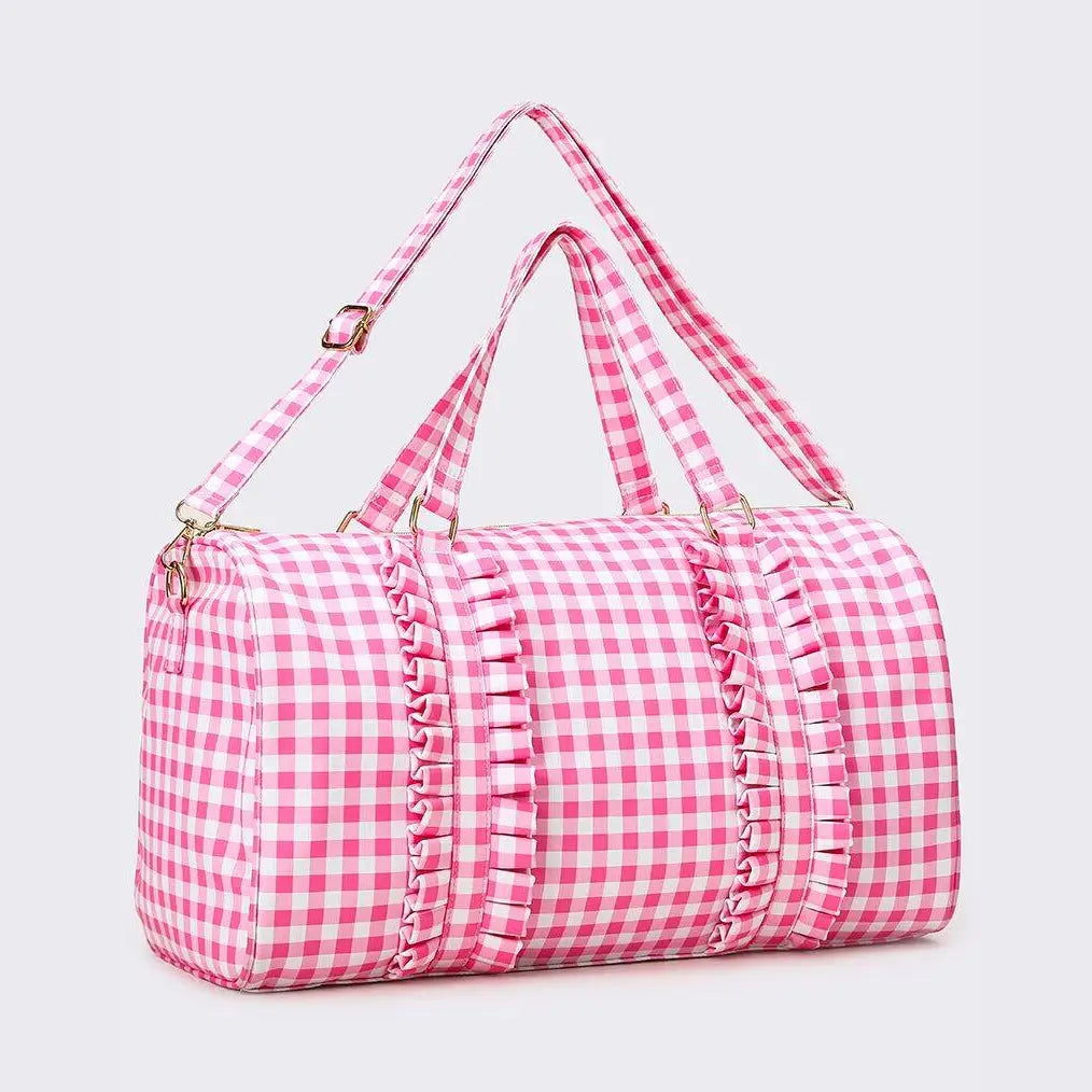 Pink Gingham Ruffle Duffle Bag