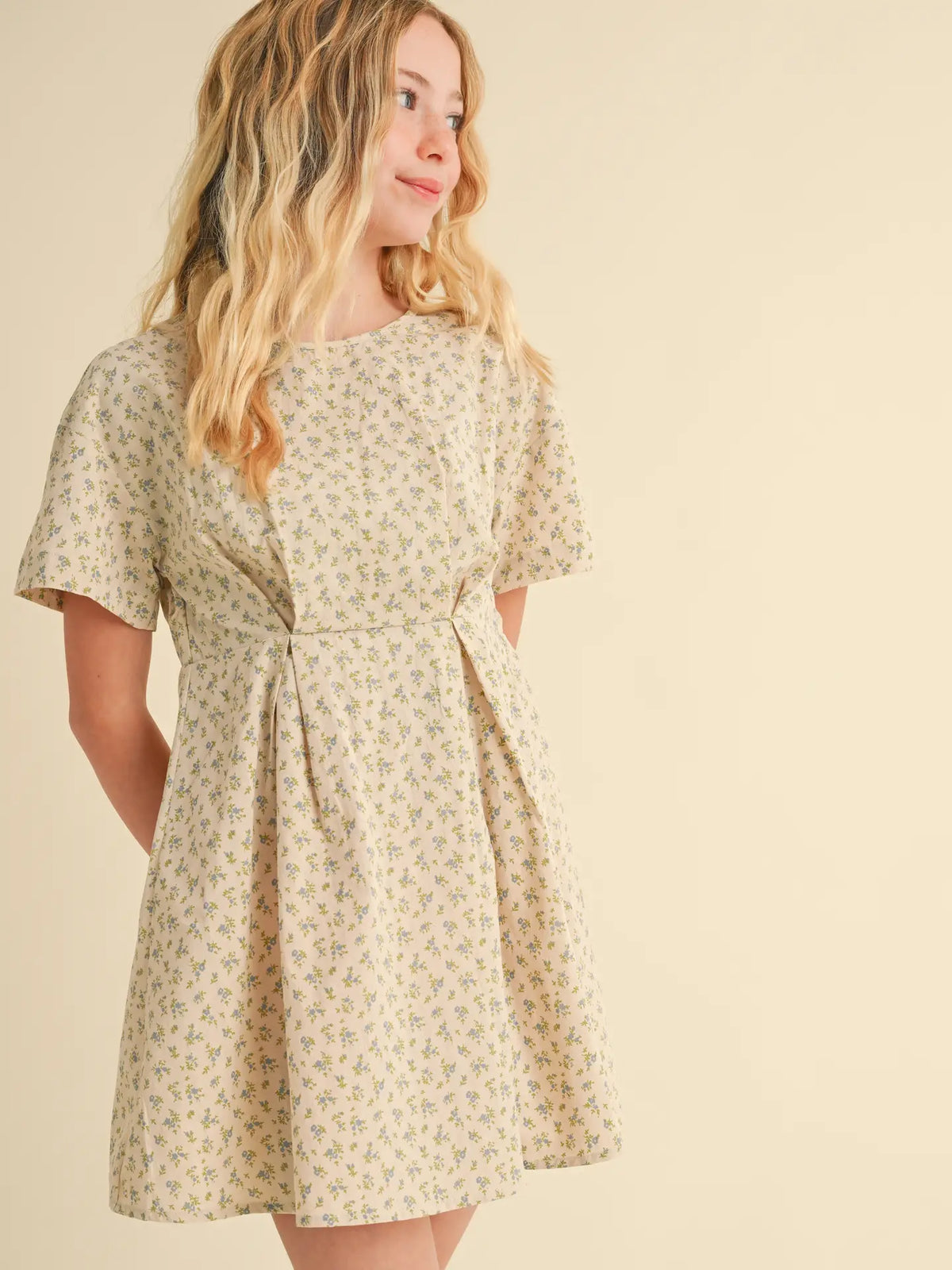 Tan Floral Scrunch Dress