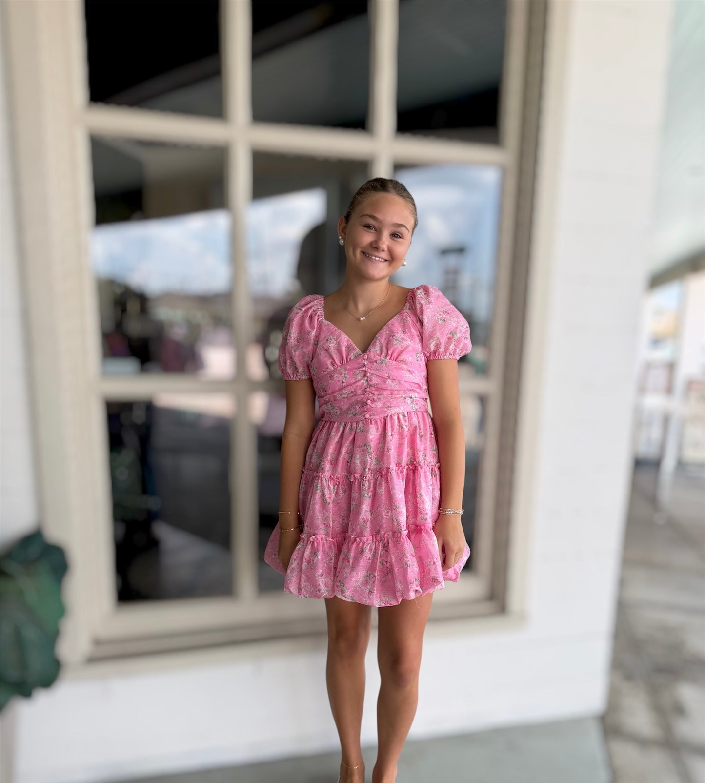 Pink Puff Sleeve Floral Dress