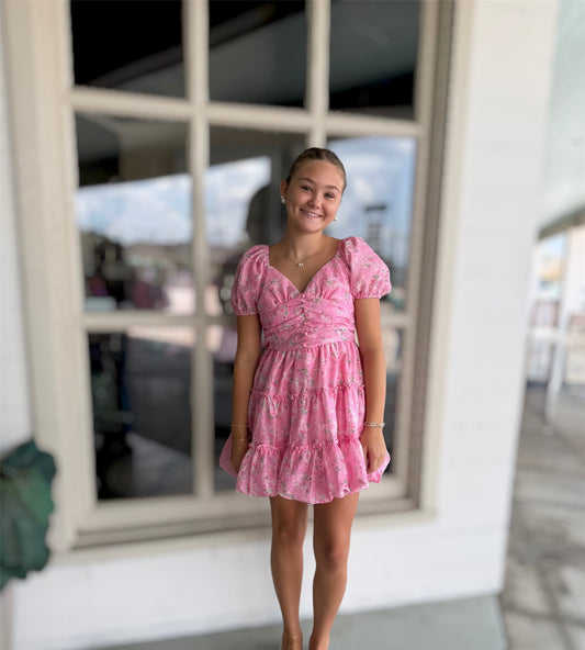 Pink Puff Sleeve Floral Dress