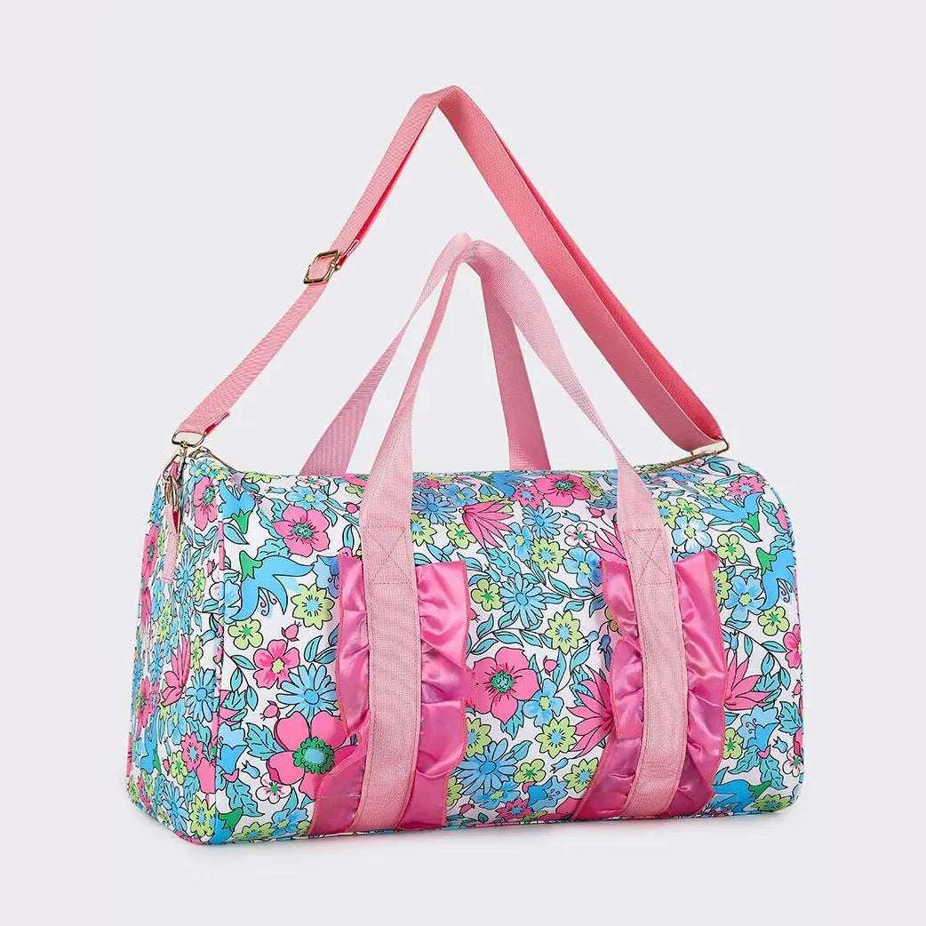 Dark Floral Ruffle Duffle Bag