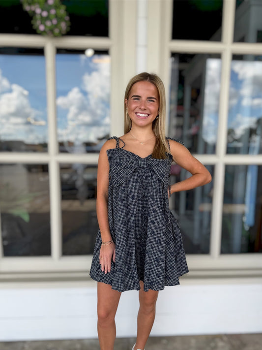 Navy/Grey Bow Button Dress