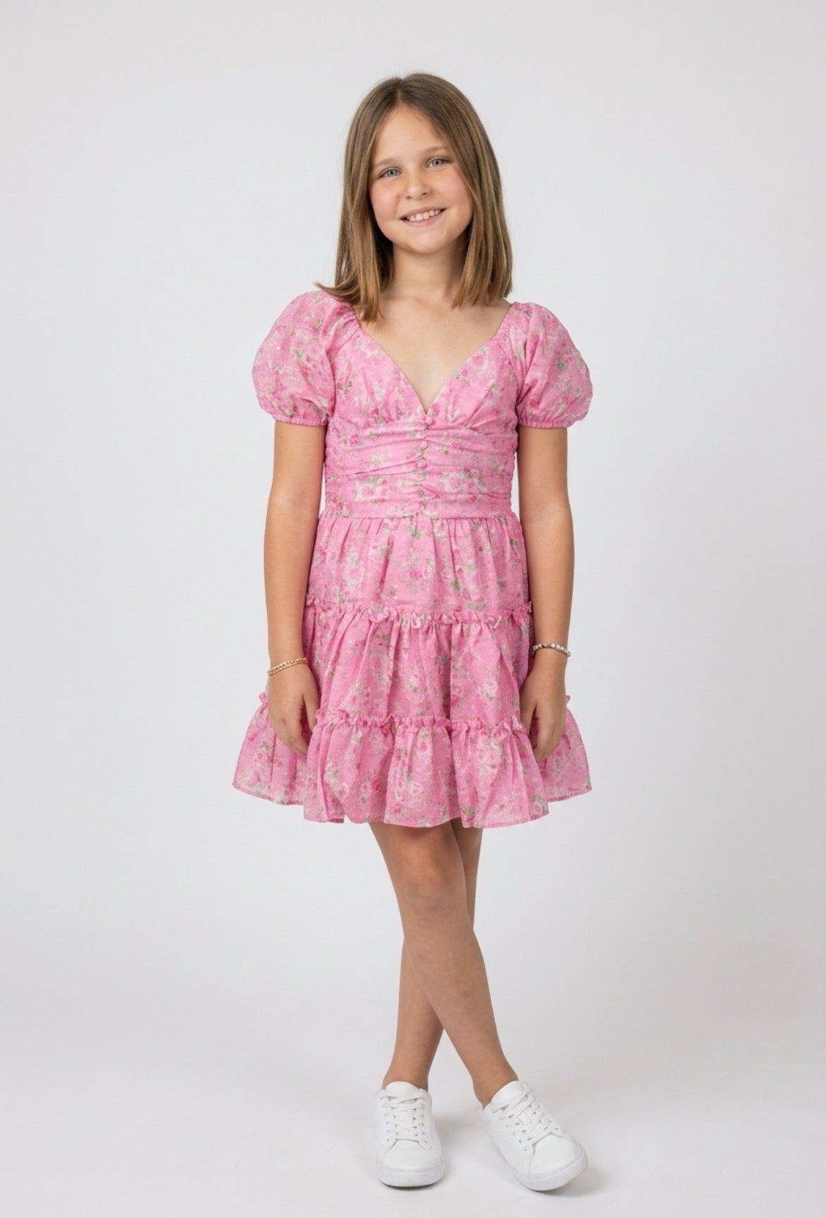 Pink Puff Sleeve Floral Dress