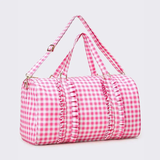 Pink Gingham Ruffle Duffle Bag