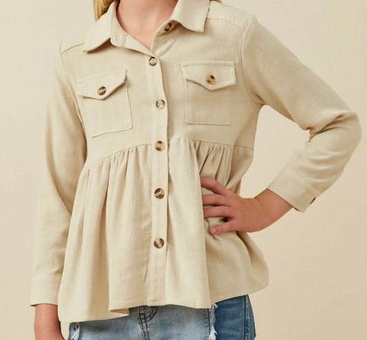 Taupe Collared Button Top